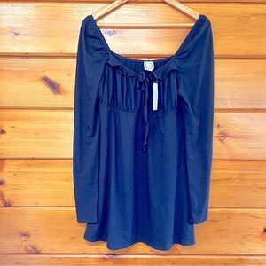 NWT Blue Rain Ruffle Long Sleeve Tie Neck Navy Stretchy Mini Dress L